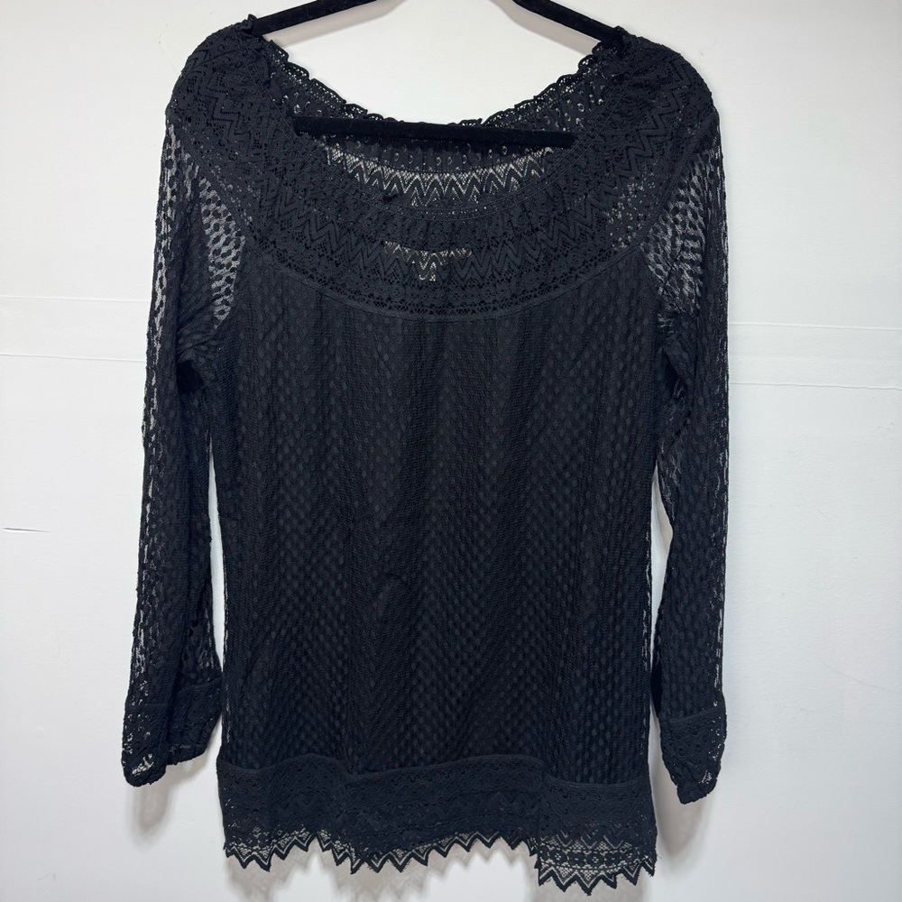 Max Studio Black Lace Semi Sheer Lined Tunic Top Size Medium